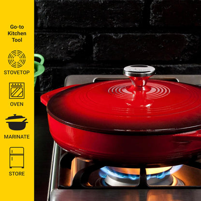 3.6 Quart Cast Iron Casserole Pan. Red Enamel Cast Iron Casserole Dish with Dual Handles and Lid (Island Spice Red)