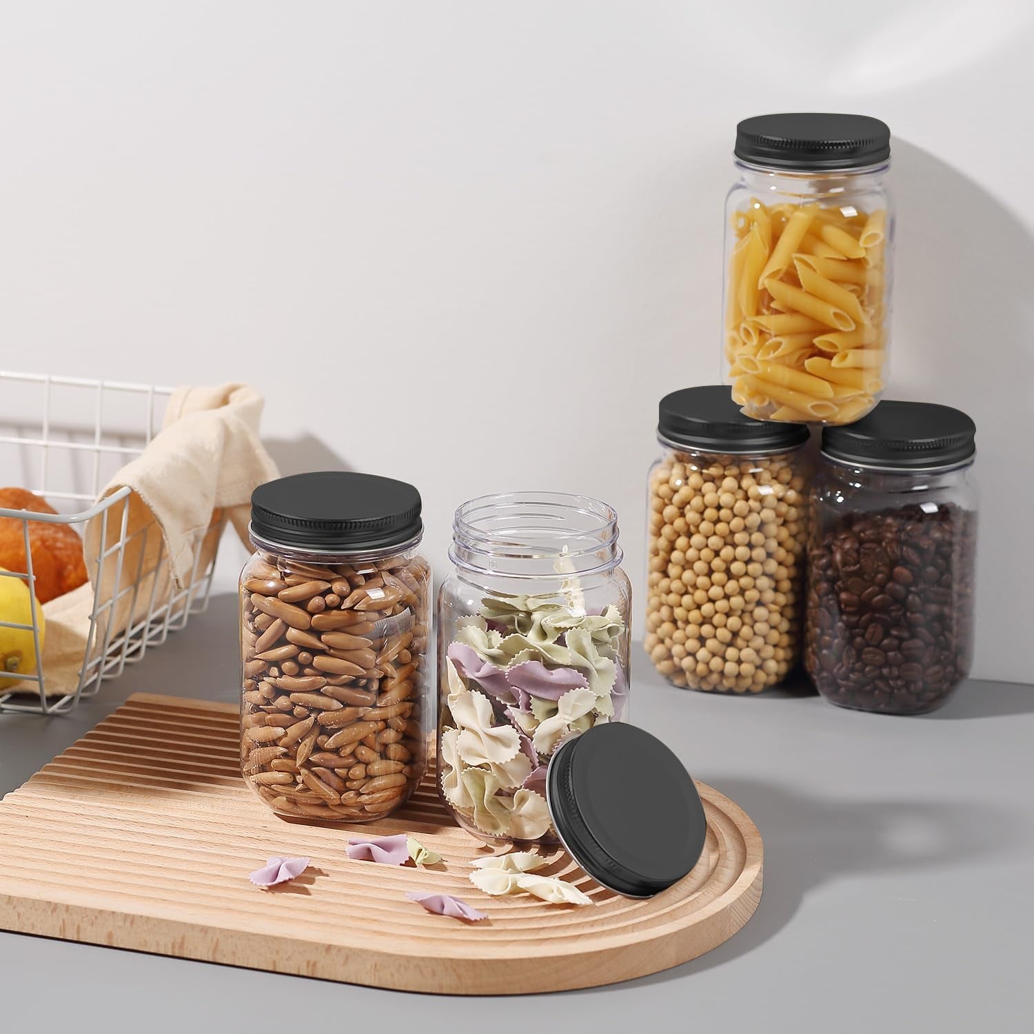 16 Ounce Clear Plastic Jars with Black Lids - Refillable round Clear Containers Clear Jars Storage Containers for Kitchen & Household Storage - BPA Free (10 Pack)