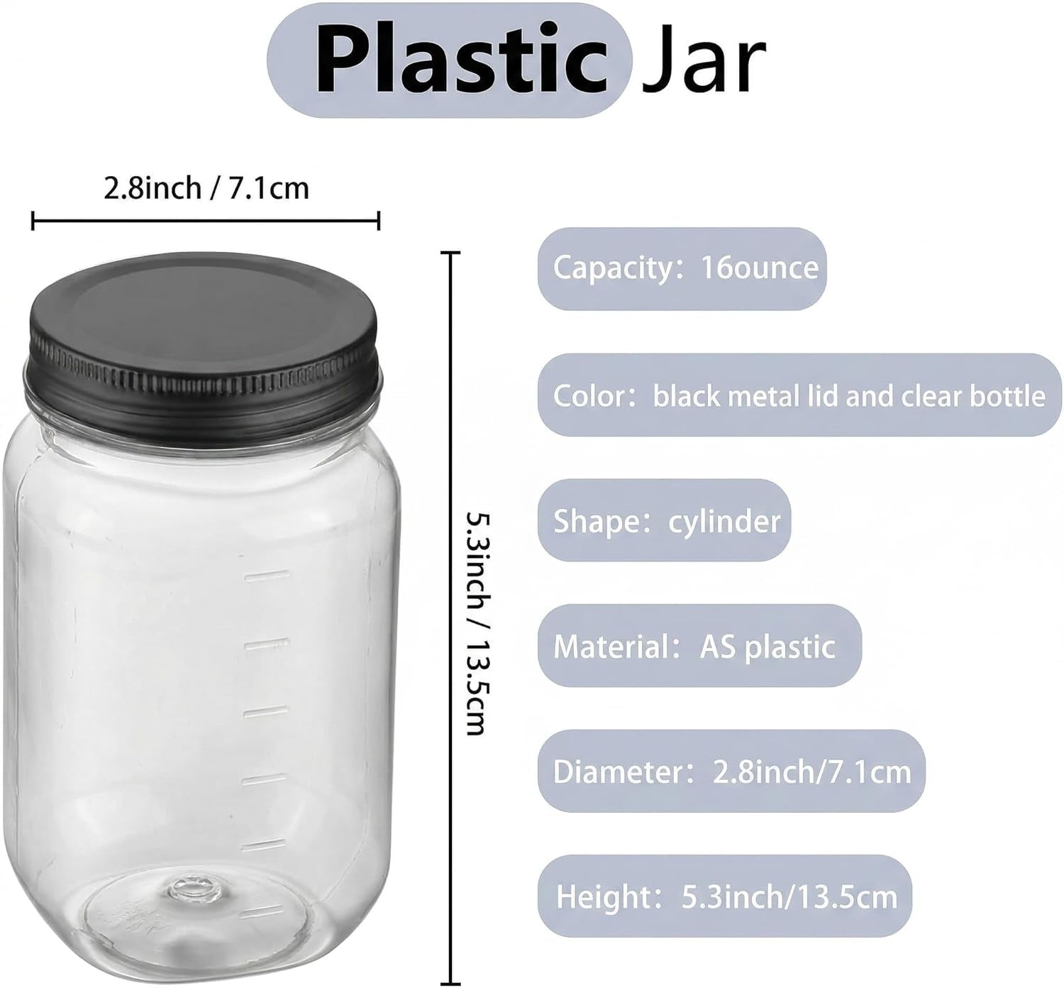 16 Ounce Clear Plastic Jars with Black Lids - Refillable round Clear Containers Clear Jars Storage Containers for Kitchen & Household Storage - BPA Free (10 Pack)