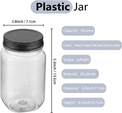 16 Ounce Clear Plastic Jars with Black Lids - Refillable round Clear Containers Clear Jars Storage Containers for Kitchen & Household Storage - BPA Free (10 Pack)