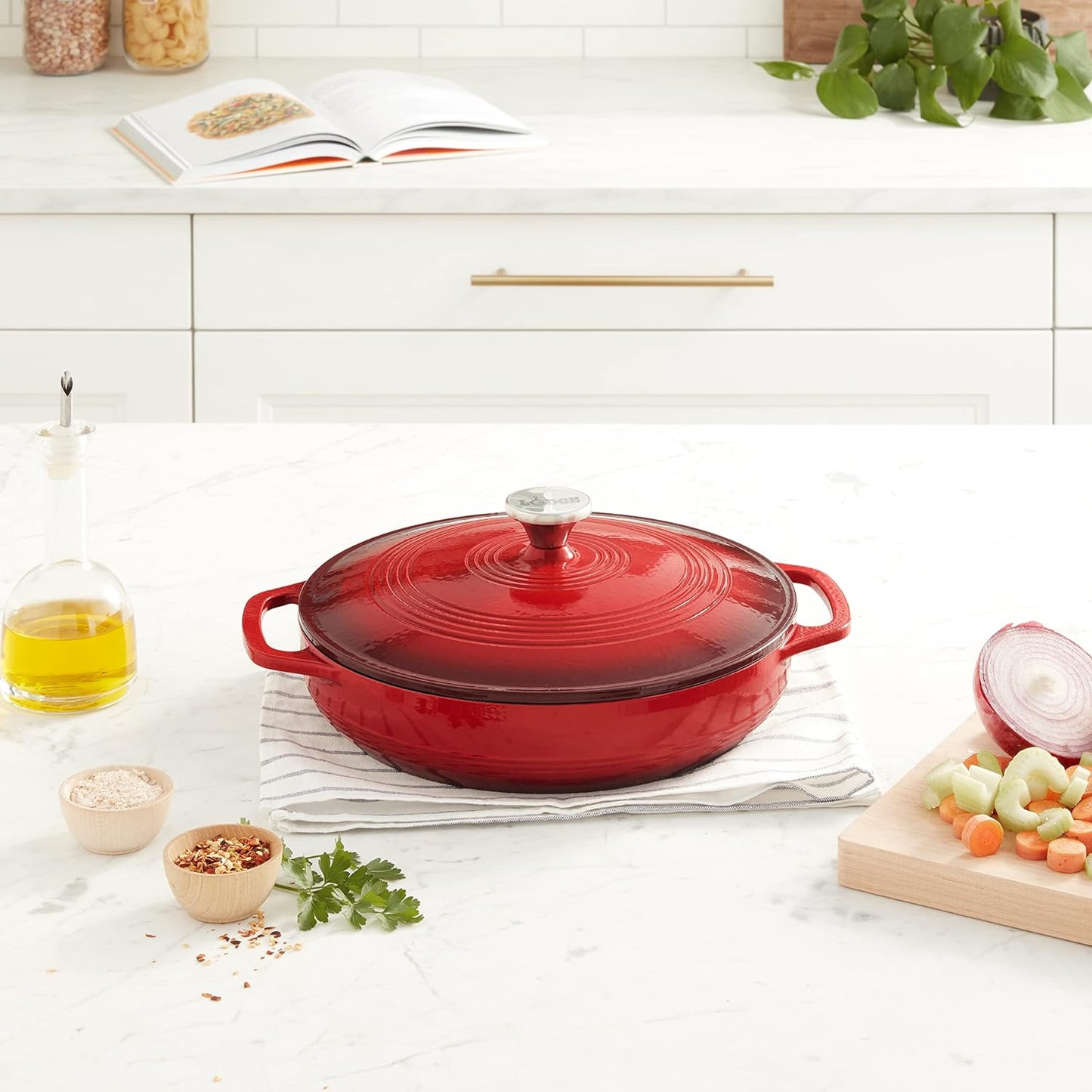 3.6 Quart Cast Iron Casserole Pan. Red Enamel Cast Iron Casserole Dish with Dual Handles and Lid (Island Spice Red)