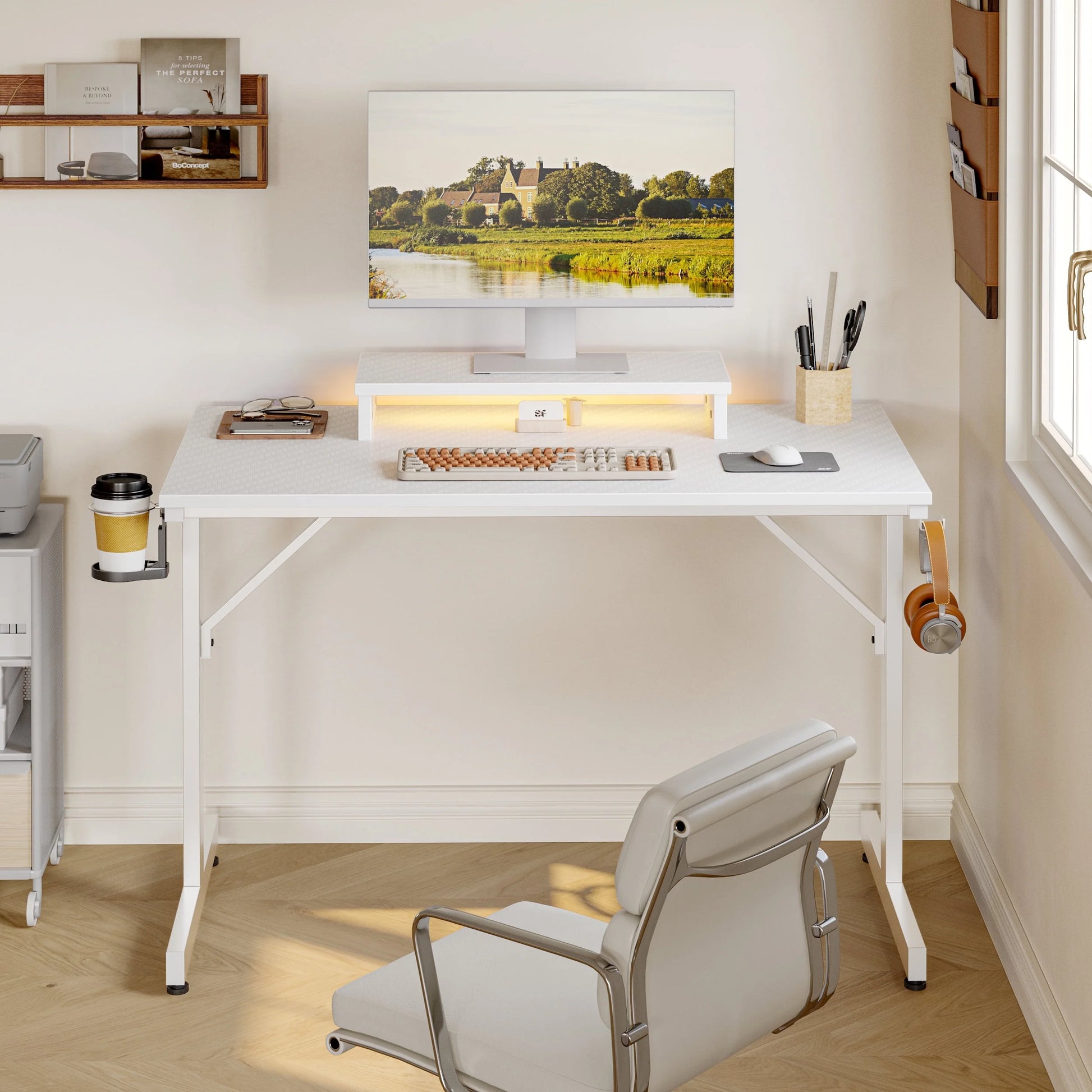 42 Inch LED Gaming Desk with Monitor Stand PC Computer Gamer Home Office Table in White