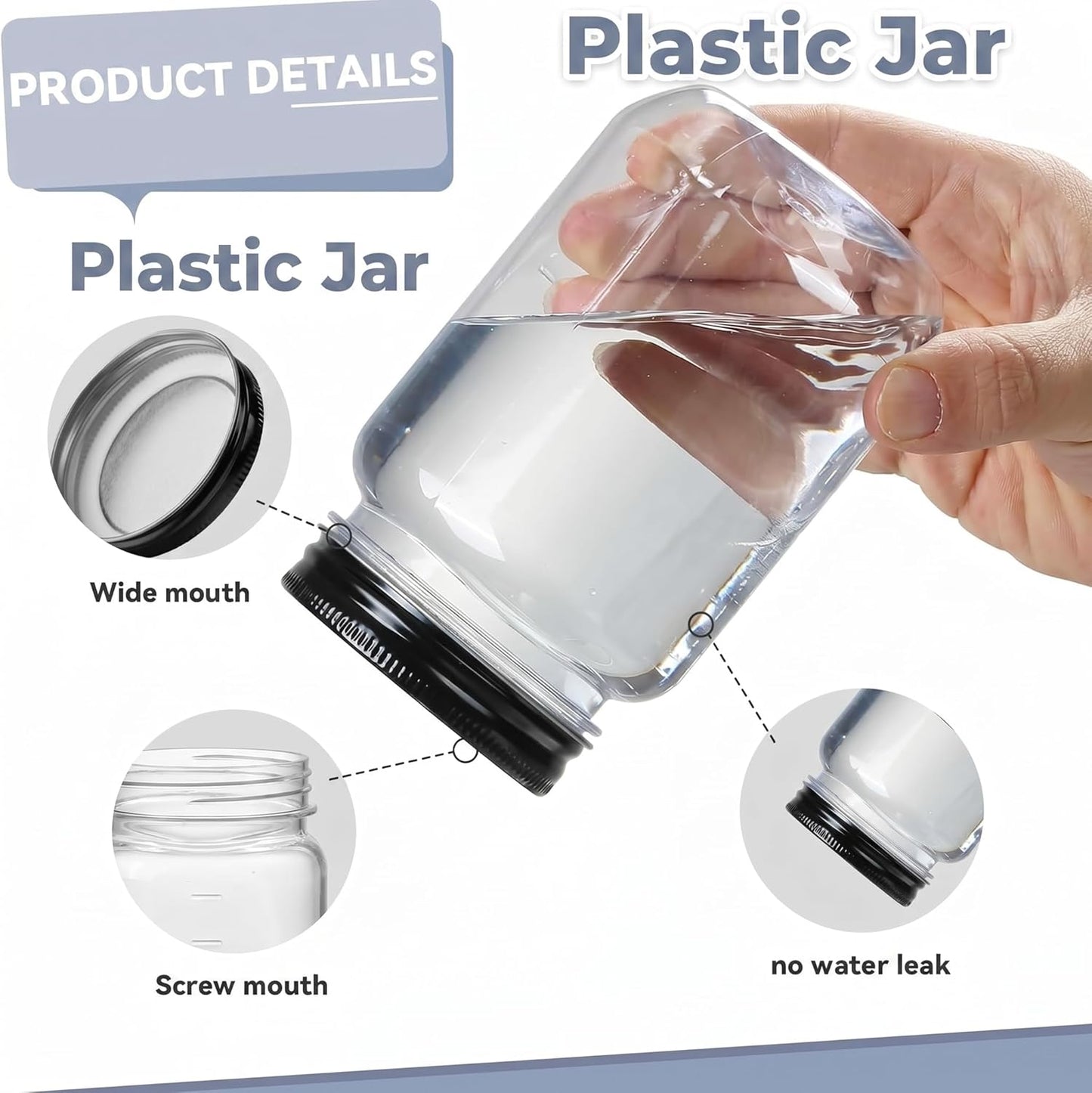 16 Ounce Clear Plastic Jars with Black Lids - Refillable round Clear Containers Clear Jars Storage Containers for Kitchen & Household Storage - BPA Free (10 Pack)