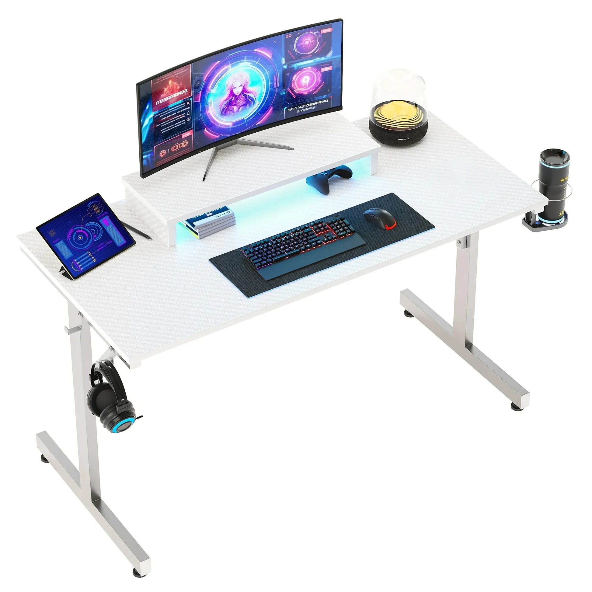 42 Inch LED Gaming Desk with Monitor Stand PC Computer Gamer Home Office Table in White