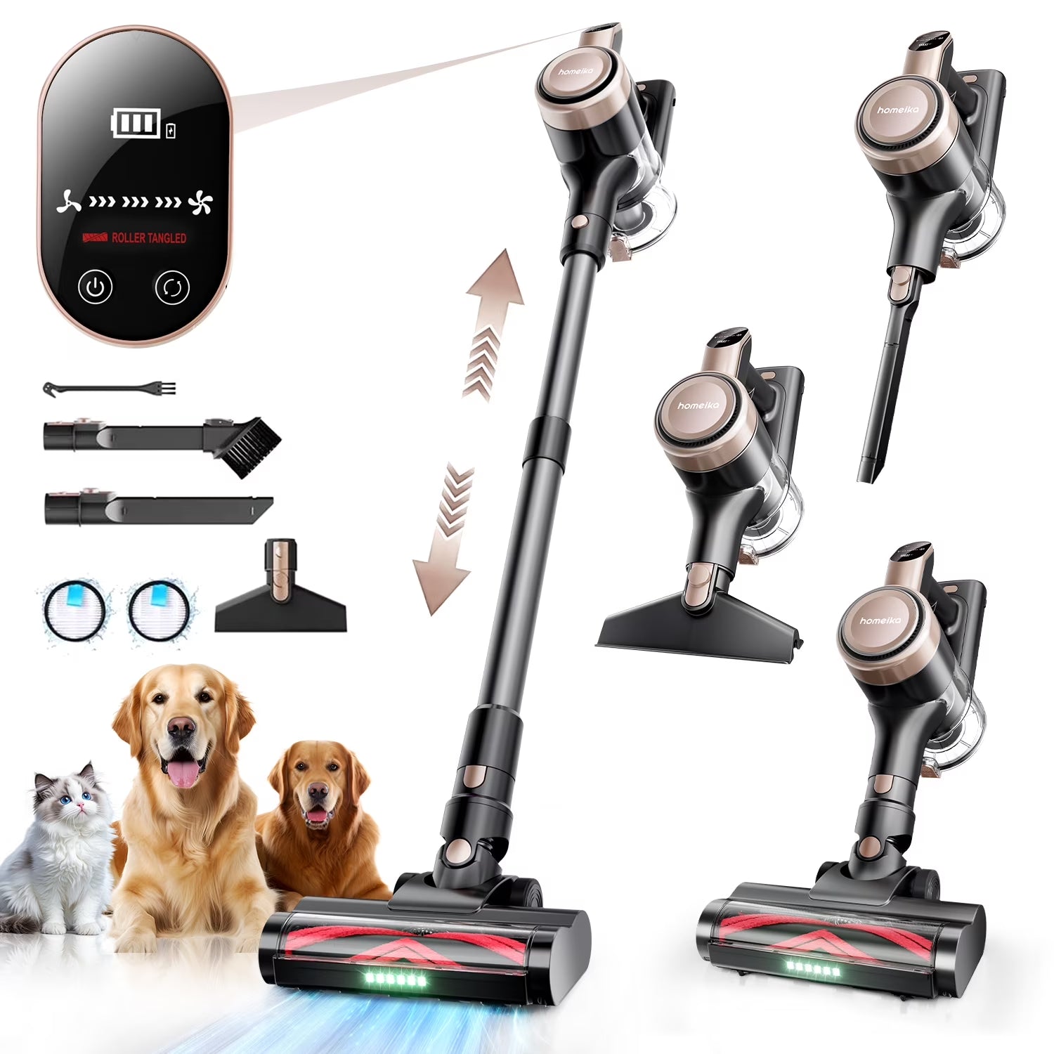 Cordless Vacuum Cleaner, 300W 23Kpa Powerful Suction Vacuum with LED Display, 3 Suction, 48Mins Runtime, Lightweight Stick Cleaner with Sofa Brush for Hard Floor/Carpet/Pet Hair/Car, Black
