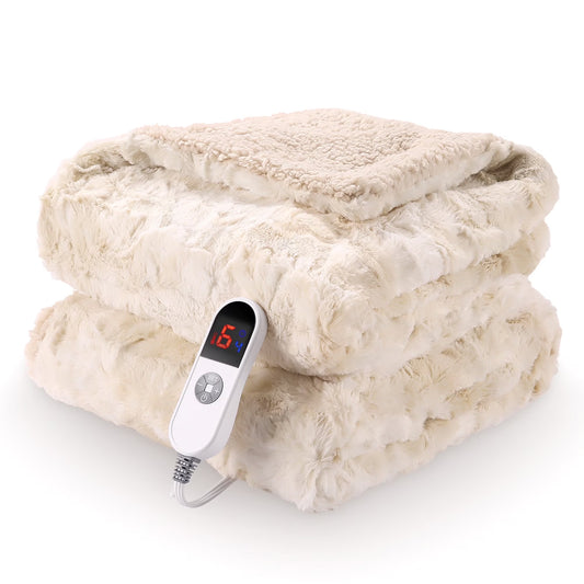 Electric Throw Blanket 50" X 60", Soft Faux Fur Heated Throw Blanket with Large LED Display, 6 Heating Levels, 4 Hours Timer- Tie-Dye off White